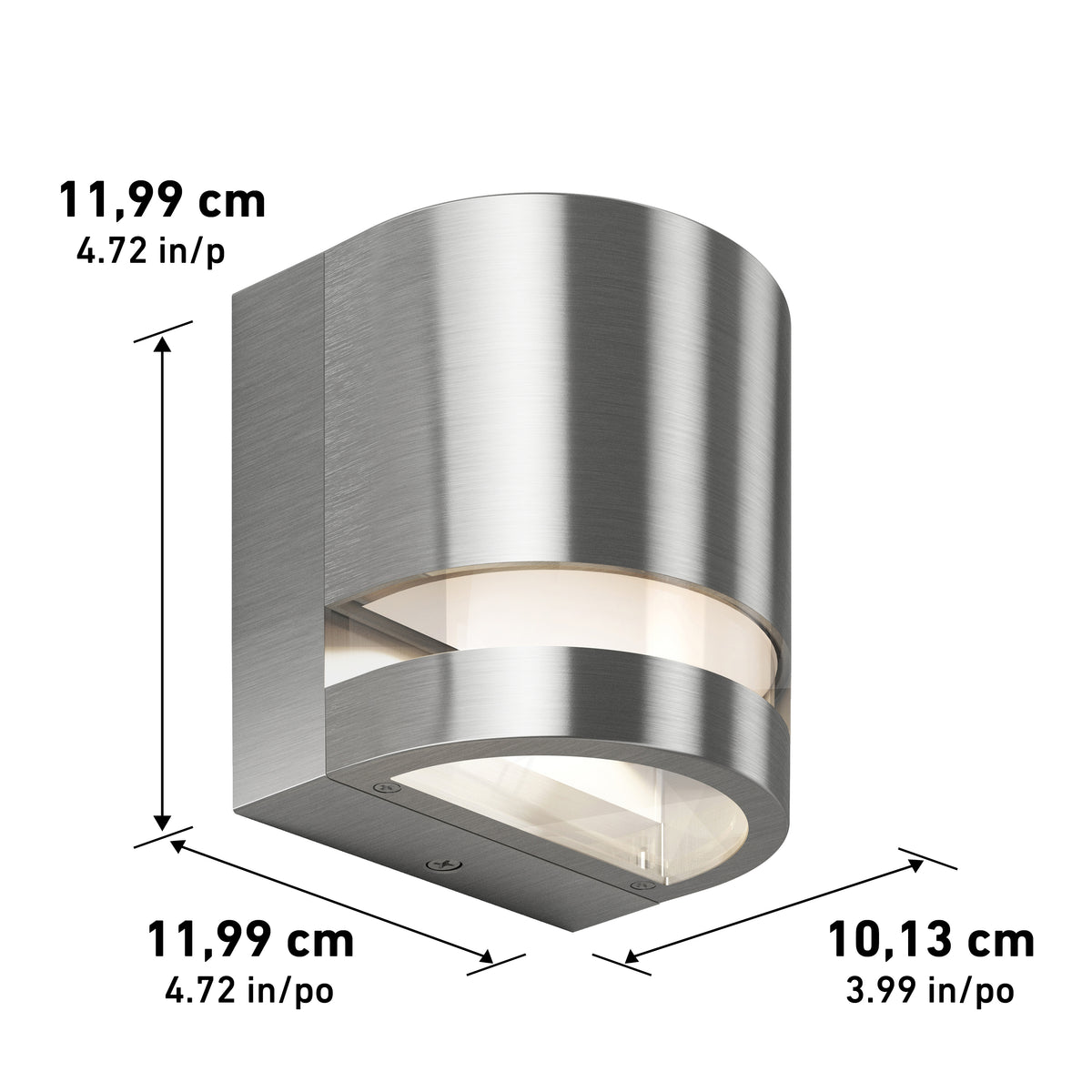 A modern, brushed metal wall light fixture with rounded edges and a transparent cover, shown with its dimensions: 11.99 cm by 11.99 cm wide and 10.13 cm deep (4.72 x 4.72 x 3.99 inches).