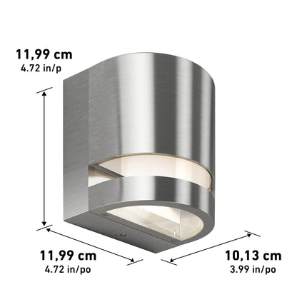 The Artika Valor Round LED indoor-outdoor wall light features a modern cylindrical, brushed metal design with rounded edges. Dimensions: 11.99 cm (4.72 in) height and width, 10.13 cm (3.99 in) depth.