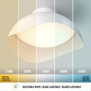 Adara 15 in. (38 cm) Modern LED Flush Mount Ceiling Light 5 CCT shown in five color temperature settings ranging from warm white to cool white.