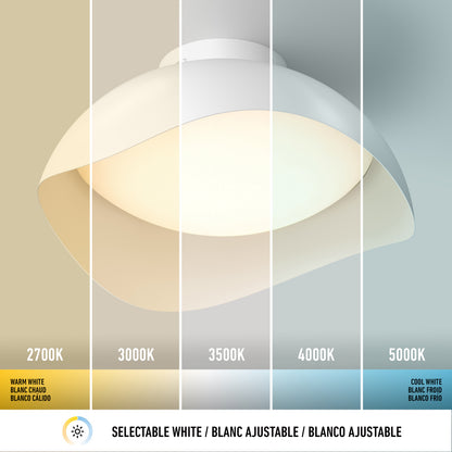 Adara 15 in. (38 cm) Modern LED Flush Mount Ceiling Light 5 CCT shown in five color temperature settings ranging from warm white to cool white.