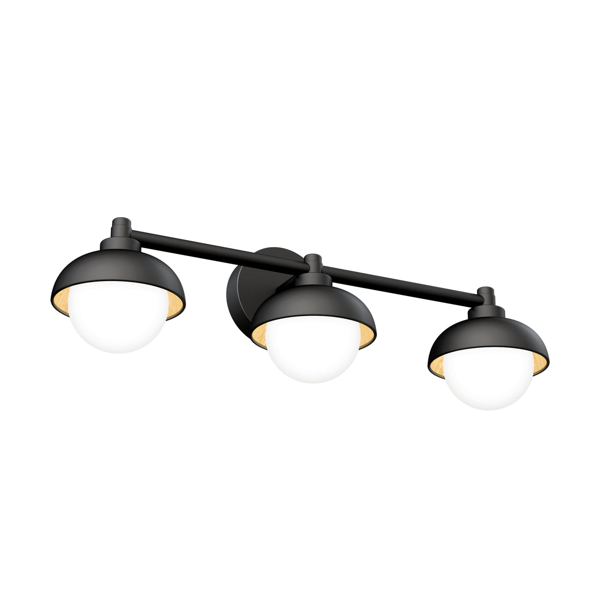 A modern, black three-light wall sconce with round white glass shades, mounted on a horizontal bar against a white background.