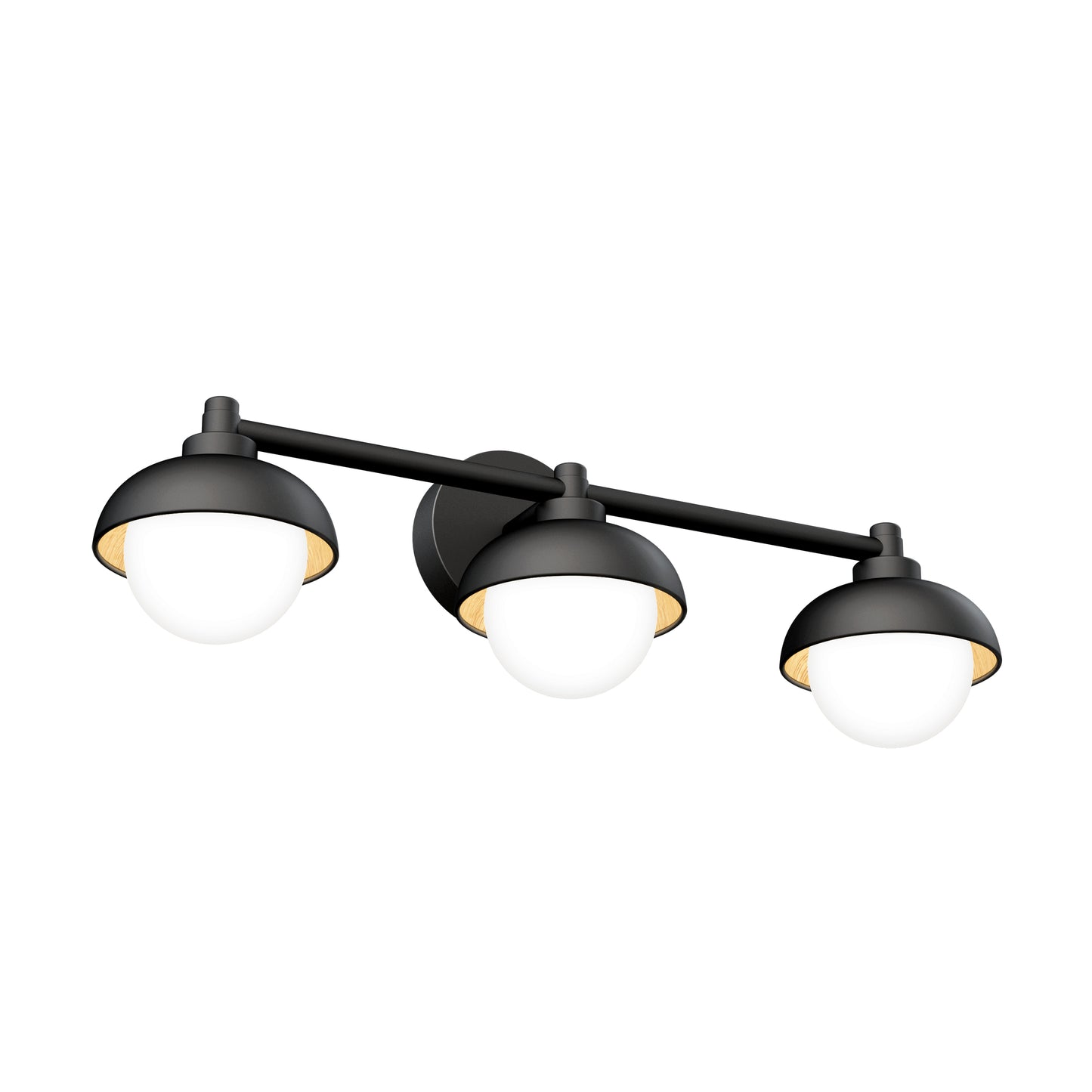 The Artika Boden LED mid-century bathroom vanity light features three black dome-shaped shades with white glass globes, mounted on a horizontal bar.