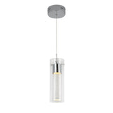 A modern pendant light with a cylindrical clear glass shade, a chrome-finished metal fixture, and a single hanging cord, suspended from a round ceiling mount.