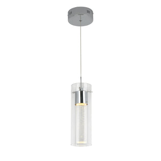 The Essence LED pendant light by Artika features a cylindrical clear glass shade, metallic base, single hanging cable, and round ceiling mount. It emits a soft glow for modern ambiance.