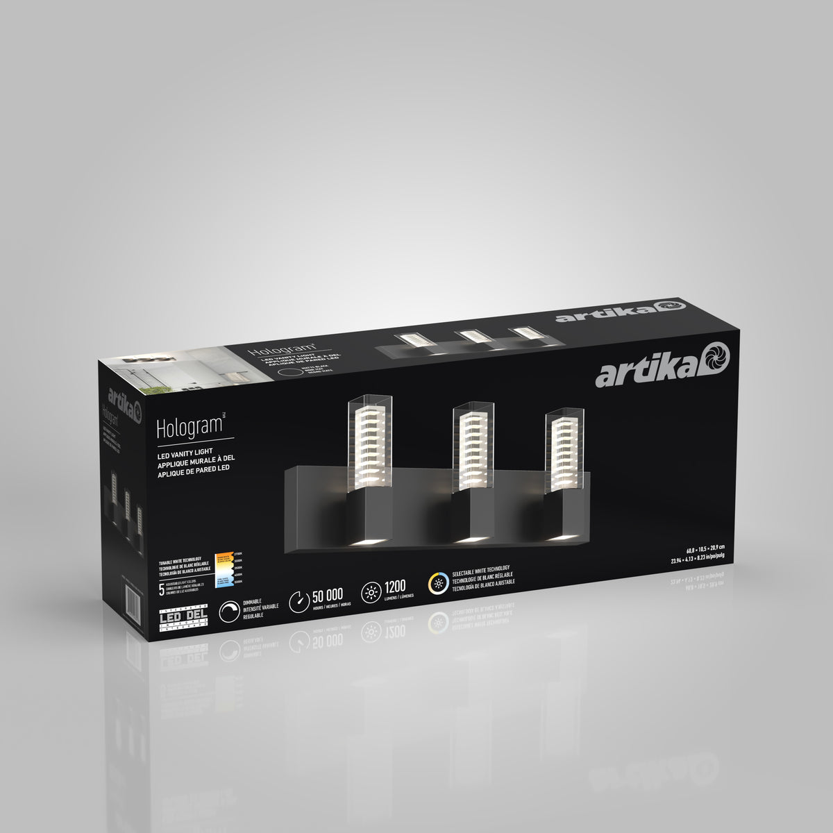 A black rectangular box of Artika Hologram LED wall lights featuring an image of the three lights on the front. The box displays key specs: 50,000 hours lifespan, 1200 lumens, and includes product branding.