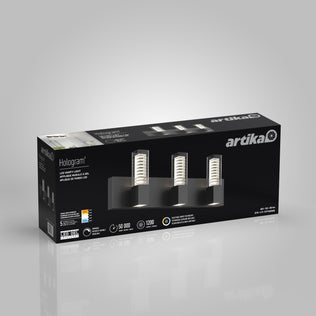 The Artika Hologram LED modern vanity light 5 CCT, shown with three lights and product details, is ideal for sleek bathroom mirror lighting.