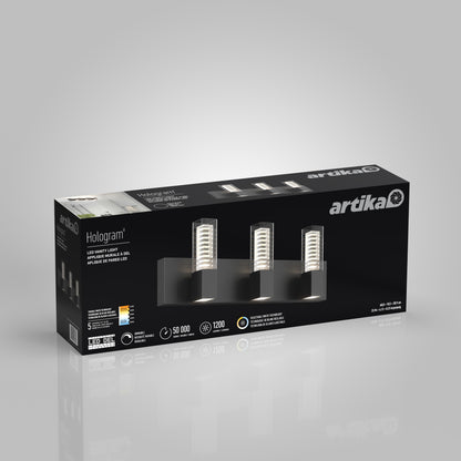A boxed Artika Hologram LED modern bathroom vanity light 5 CCT is shown against a gray background, displaying three vertical lights on the packaging with product details and specifications in white text.