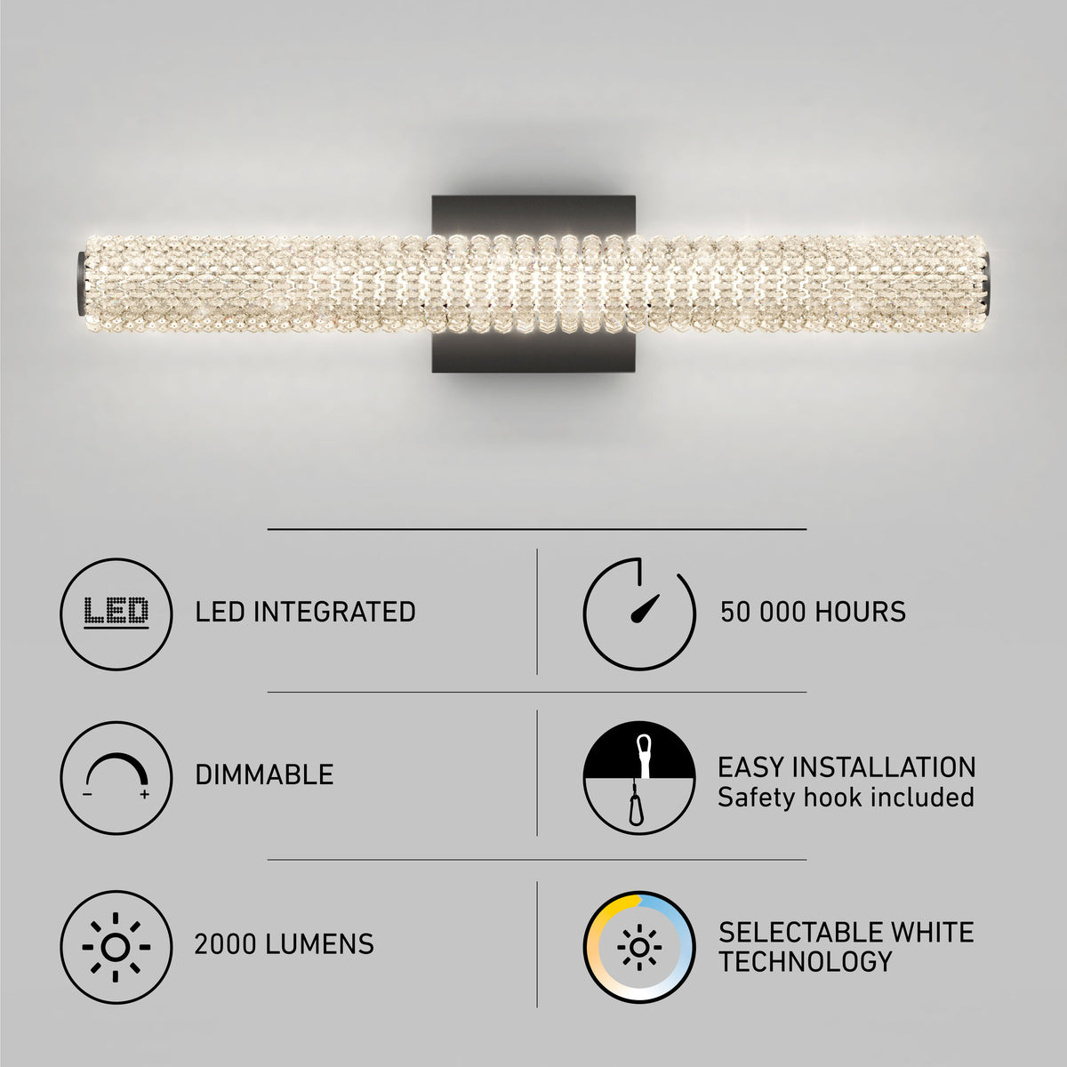Artika Exalto 27″ LED Vanity Light Bar: 2000 lumens, dimmable, crystal accents, 50,000 hr life—easy bathroom install.