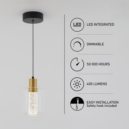 The Champagne Globe modern LED pendant light by Artika hangs from the ceiling with a clear glass shade and gold accent. Icons show its LED integration, dimmable feature, 50,000-hour lifespan, 400 lumens output, and easy installation.