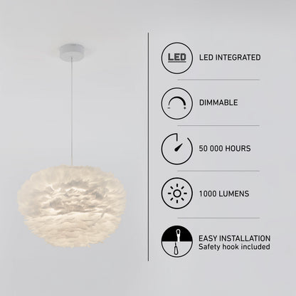 An Artika Plume LED pendant light with white feathers, plus icons for integrated tech, dimming, 50,000-hour life, 1000 lumens, and easy setup.