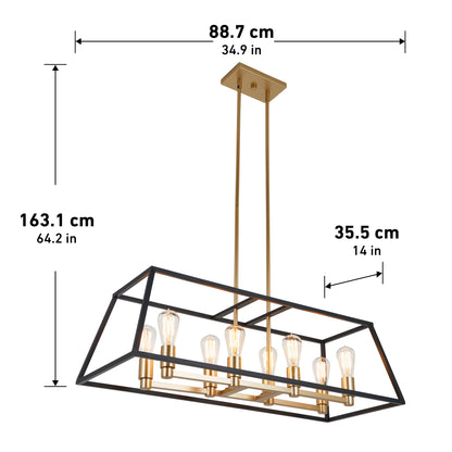 The Carter Long 8-light Chandelier by Artika features a gold rectangular frame with black accents, eight exposed bulbs, and hangs from two vertical rods. Dimensions: 88.7 cm wide, 163.1 cm high, 35.5 cm deep.