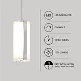 A modern cylindrical pendant light with icons and text describing features: LED integrated, dimmable, 50,000 hours lifespan, 1000 lumens brightness, and easy installation with safety hook included.