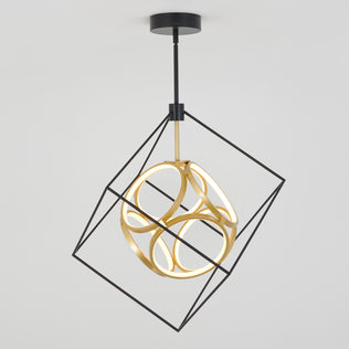 The Artika Luxury LED pendant light features a black metal cube frame with a gold, abstract LED design inside, suspended from a black rod against a plain white background.