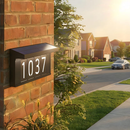 A brick pillar in a sunny suburban neighborhood showcases the Artika Bowen solar LED outdoor address wall light 5 CCT, brightly displaying 1037 for maintenance-free illumination amidst greenery, houses, and a parked car along the quiet street.