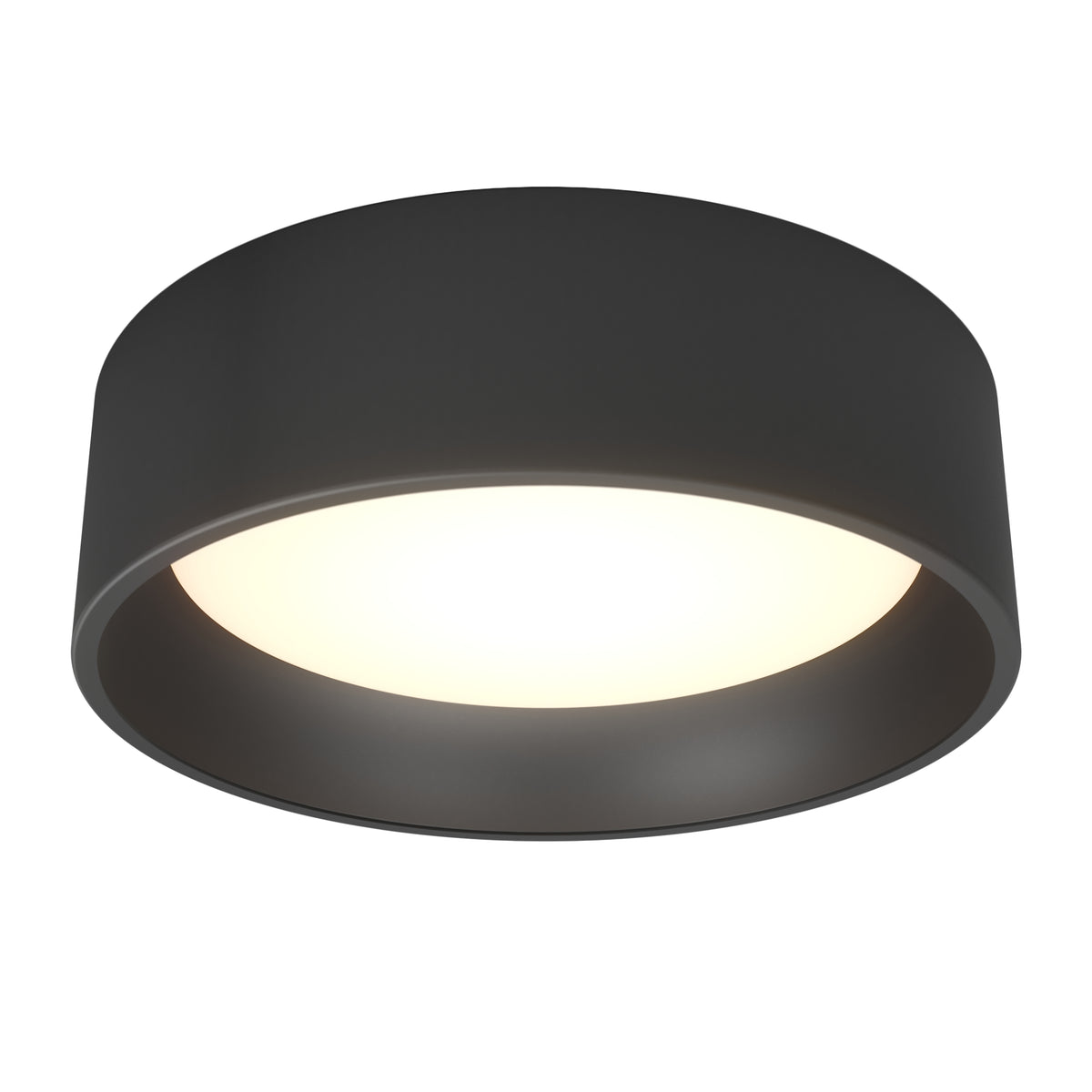 A modern, round, black ceiling light fixture with a smooth matte finish and a glowing white light in the center.