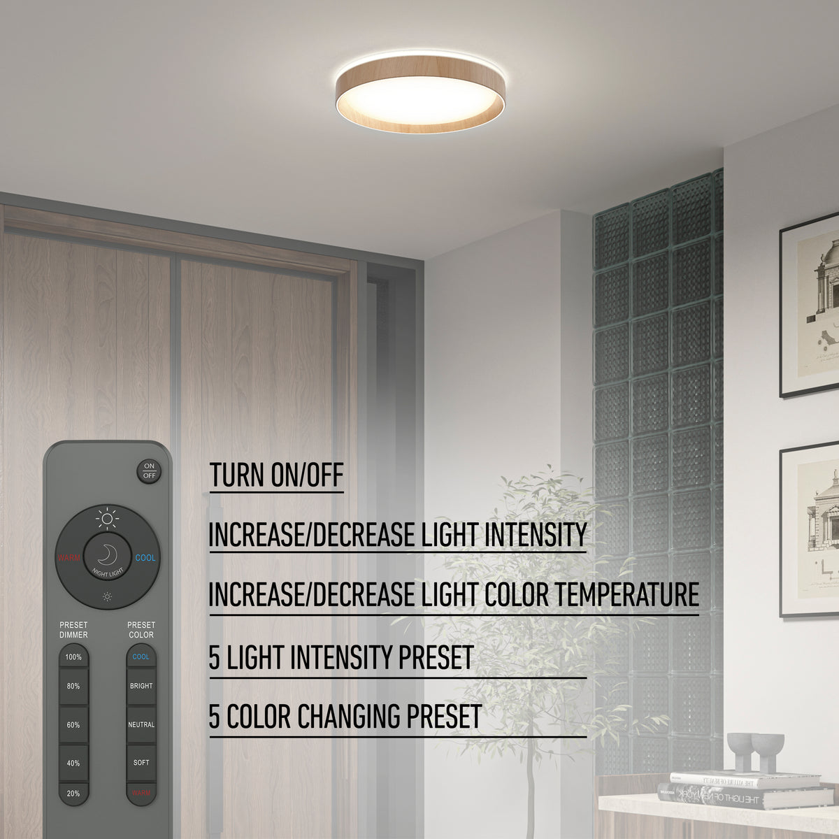 A modern, round ceiling light is shown in a minimalist room. Text describes the remotes features: on/off, adjust intensity and color temperature, five intensity and color presets. The remote is displayed on the left.