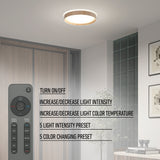 A modern, round ceiling light is shown in a minimalist room. Text describes the remotes features: on/off, adjust intensity and color temperature, five intensity and color presets. The remote is displayed on the left.