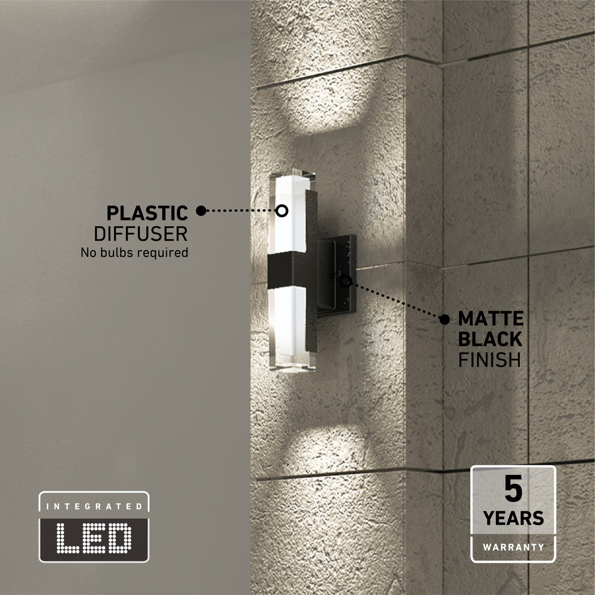 A modern wall-mounted LED light fixture with a plastic diffuser and matte black finish, casting light on a textured wall. Text highlights No bulbs required, 5 years warranty, and Integrated LED.