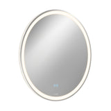 A round wall-mounted mirror with a built-in LED light ring around the edge and two blue touch control buttons on the bottom front.