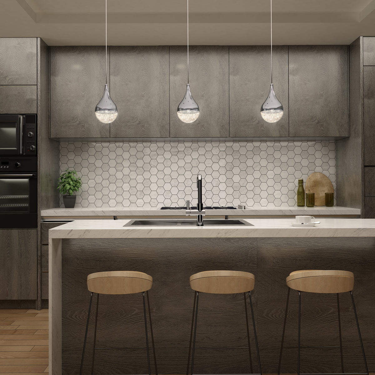 Modern kitchen with dark wood cabinets, a white hexagon tile backsplash, an island with a marble countertop, three wooden bar stools, three pendant lights, and decorative plants and dishes on the counter.