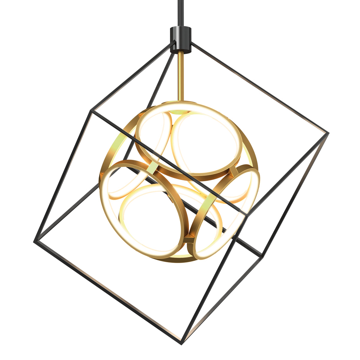 The Artika Luxury LED pendant light features a gold sphere with circular LEDs, elegantly suspended inside a black open wireframe cube for a geometric, contemporary look.