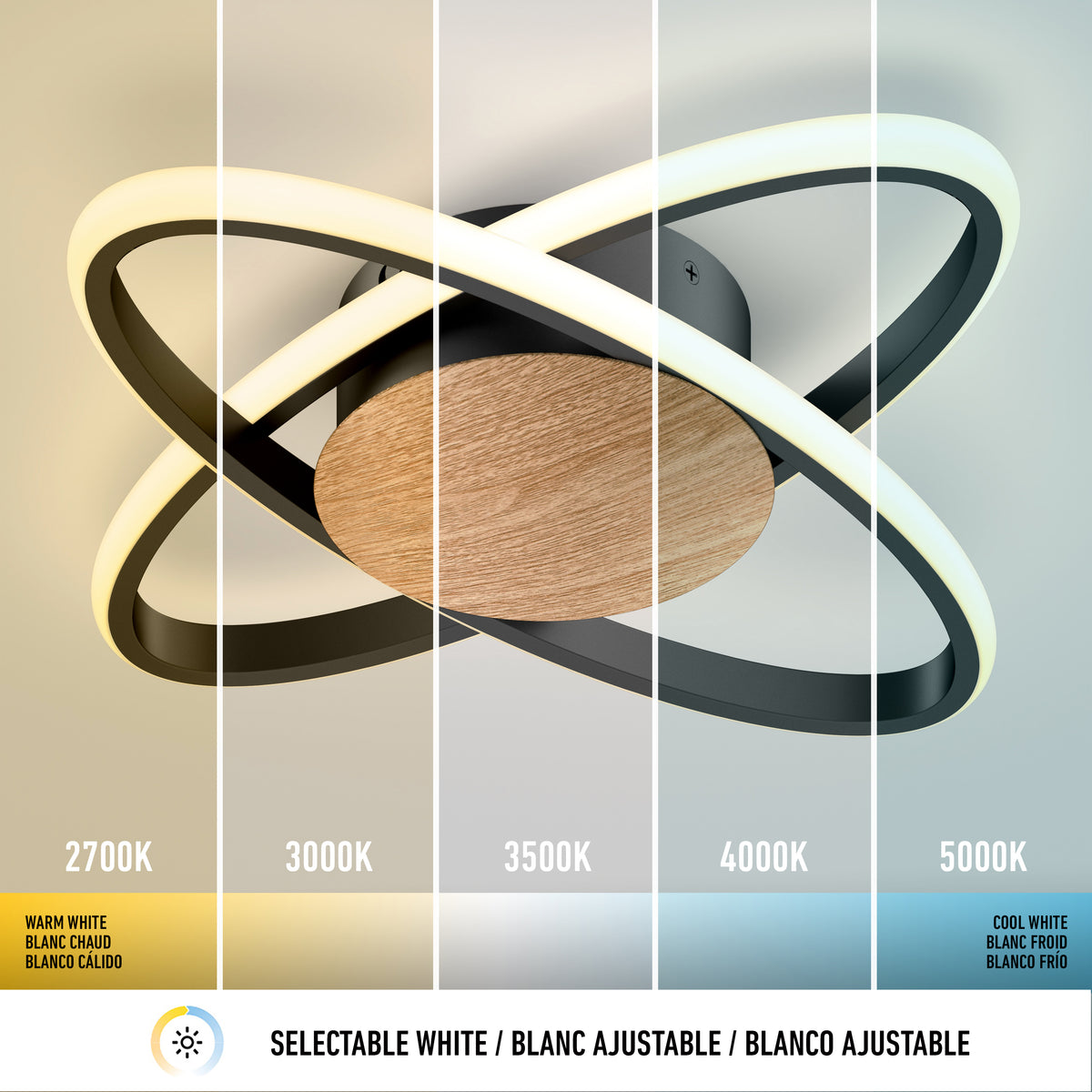 Modern ceiling light fixture with wood and black metal, shown under five different white light color temperatures: 2700K (warm), 3000K, 3500K, 4000K, and 5000K (cool), labeled in English, French, and Spanish.