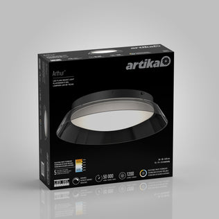 Black and gray retail box for the Artika Arthur modern LED flush mount light 5 CCT, featuring an image of the round fixture along with its key features and details on a gray background.