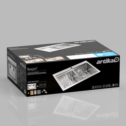 A black and white Artika box displays the Newport double bowl stainless steel sink, with images of the sink and detailed product information printed on the packaging.