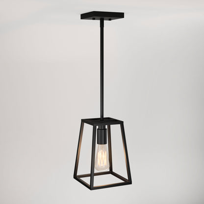 The Artika Carter 1-light pendant features a modern geometric open black metal frame with an exposed bulb, suspended from a matching black ceiling mount against a plain white background.