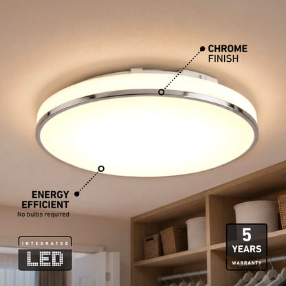 Artika Summit 15 in. LED Flush Mount, 5CCT, chrome finish, energy efficient, includes 5-year warranty.