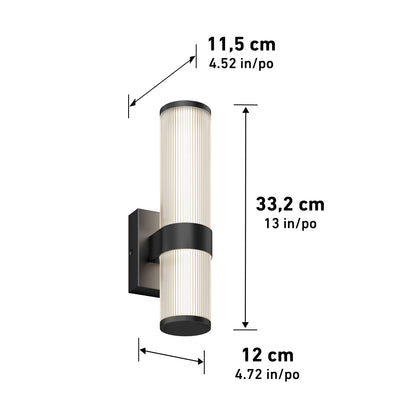 The Artika Mirado modern LED wall sconce 5 CCT features a ribbed cylindrical glass shade, black metal accents, and measures 11.5 cm wide, 12 cm deep, and 33.2 cm tall.