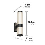 A cylindrical wall light with black accents, shown with dimensions: 33.2 cm (13 in) tall, 11.5 cm (4.52 in) wide, and 12 cm (4.72 in) deep. Measurements are labeled in both centimeters and inches.