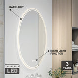 Oval LED bathroom mirror with a glowing backlight, labeled features for backlight and night light function, placed above a sink. Text highlights integrated LED and a 3-year warranty. Plants and shelves are visible nearby.