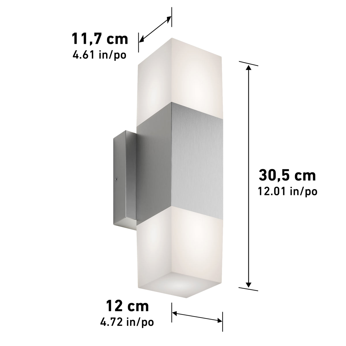 Modern wall sconce with a brushed metal finish, rectangular shape with frosted ends. Dimensions shown: height 30.5 cm (12.01 in), width 12 cm (4.72 in), depth 11.7 cm (4.61 in).