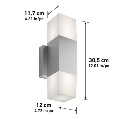 The Artika Lennox indoor-outdoor LED wall light 3 CCT features a metallic center, white diffusers on both ends, and measures 30.5 cm tall, 12 cm wide, and 11.7 cm deep.