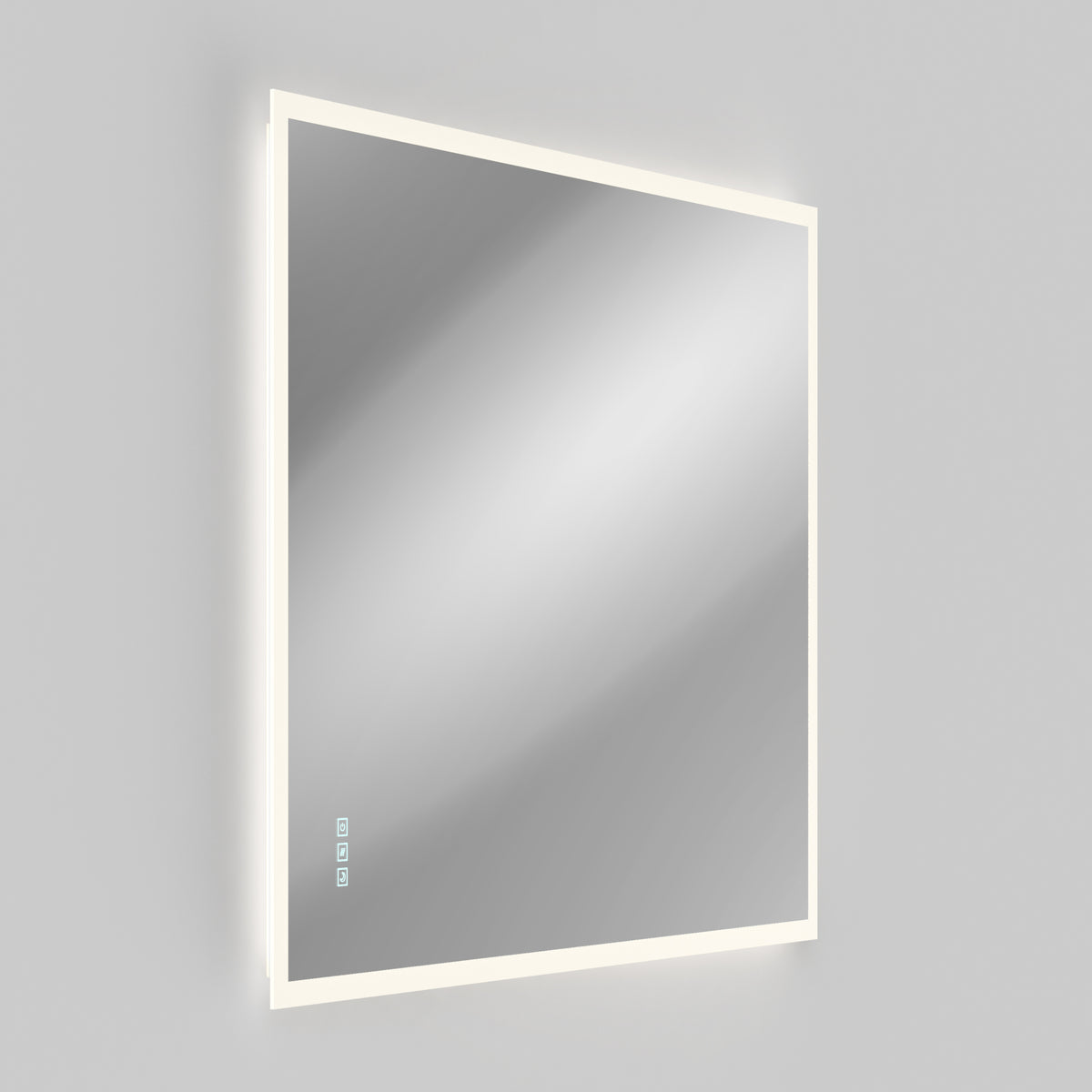 The Artika Mavis 48" x 36" Rectangular LED Mirror features illuminated edges, touch control buttons on the lower left corner, and a defogger, shown mounted on a plain light gray background.