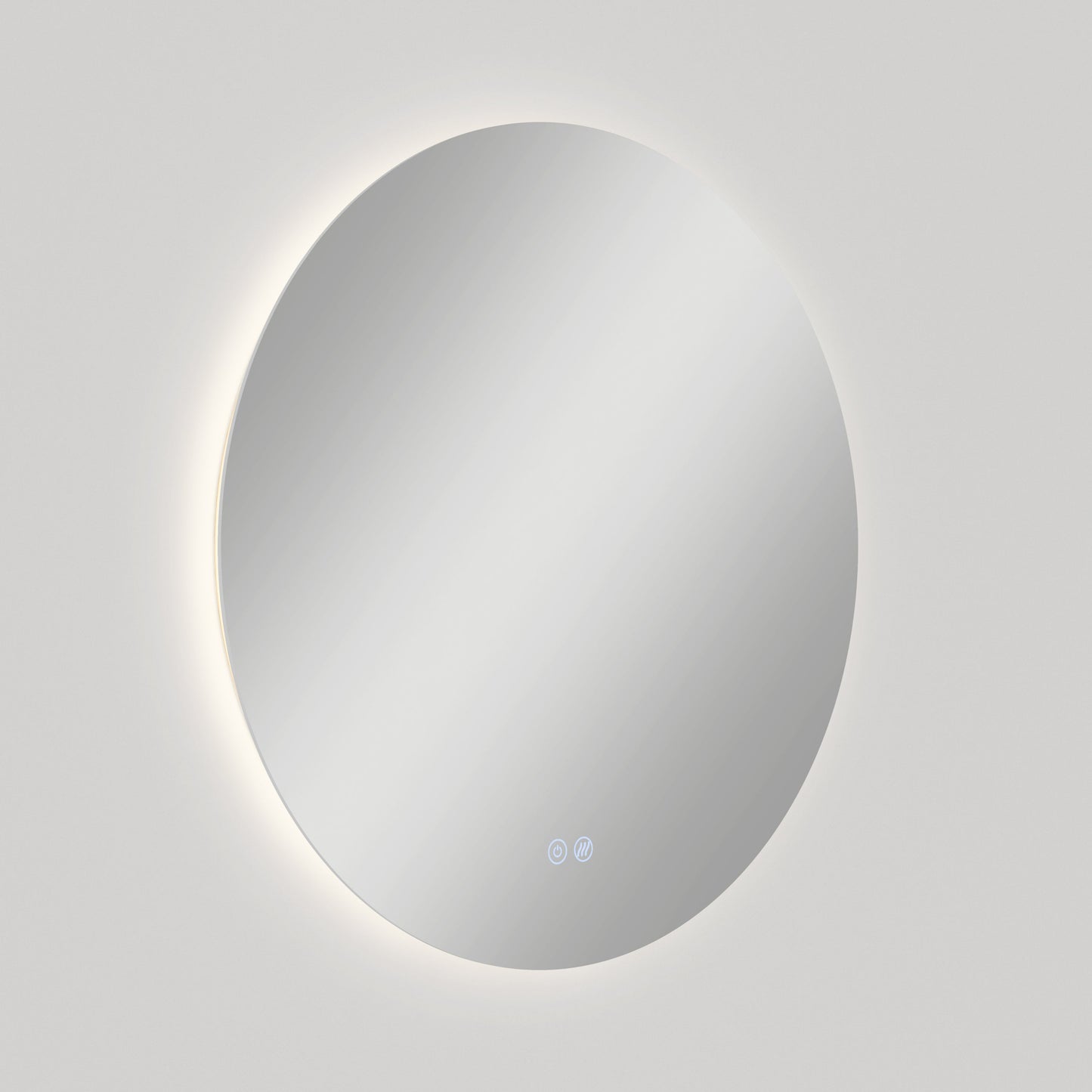 The Artika-CAN-dev Raya 24 in. LED mirror features a circular, wall-mounted design with a soft backlight, two touch buttons at the bottom, defogger function, and 3 CCT options, shown against a plain light gray background.