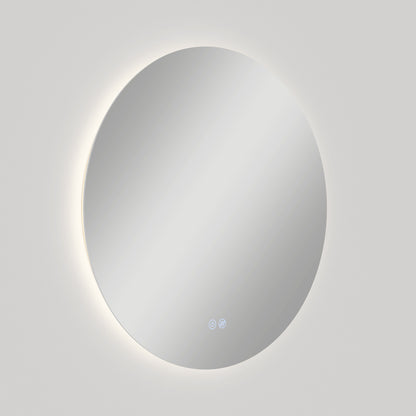 The Artika Raya 24 in. LED mirror features a round, wall-mounted design with a soft backlight and integrated defogger. Two small touch buttons appear at the bottom center of the mirrors surface against a plain white background.