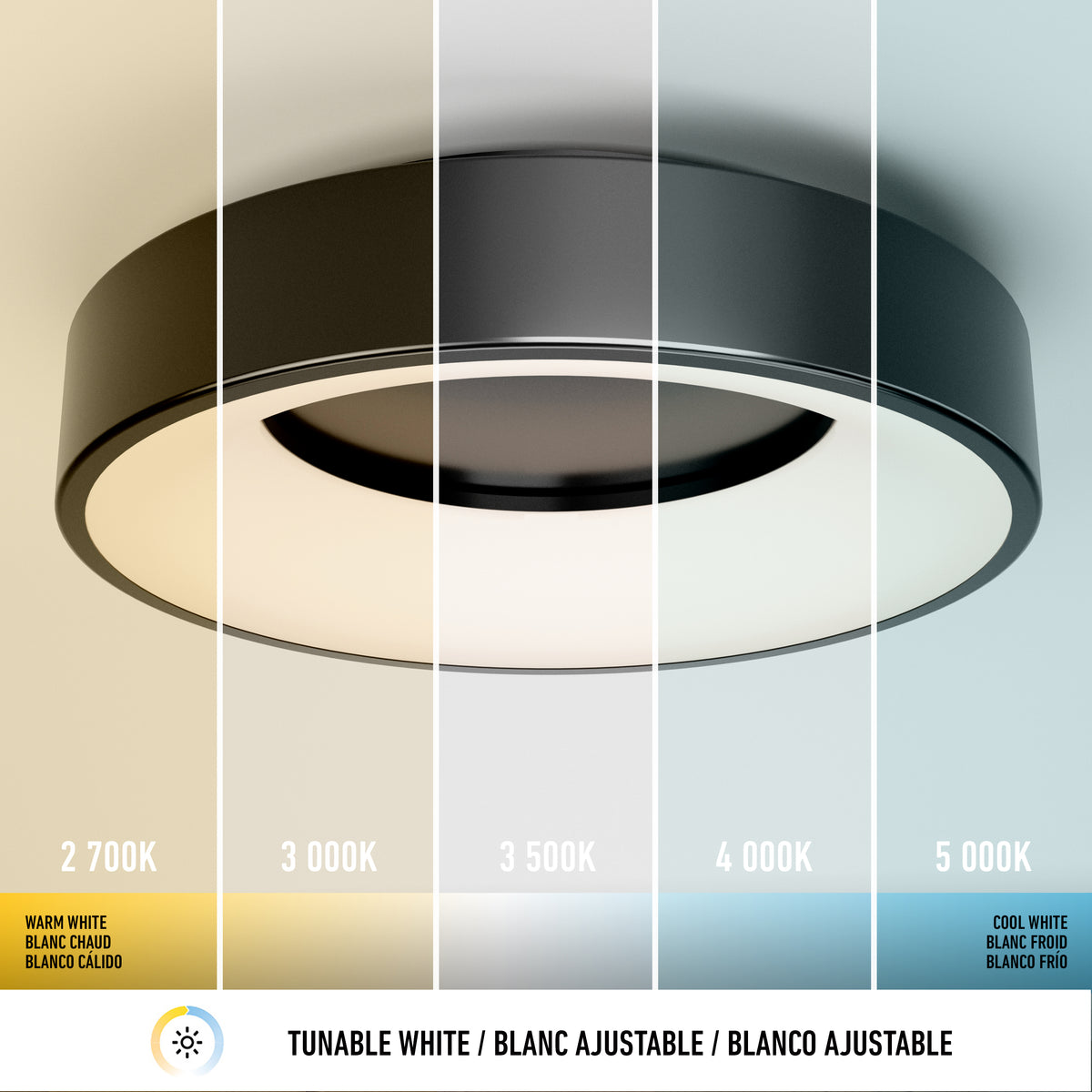A modern circular ceiling light is shown in five sections, each displaying a different color temperature from warm white (2,700K) on the left to cool white (5,000K) on the right, with labels in English, French, and Spanish.