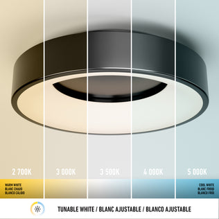 The Aiden LED flush mount by Artika is shown split into five vertical sections, each displaying a different white color temperature from warm (2700K) to cool (5000K), labeled with values and descriptions in English, French, and Spanish.