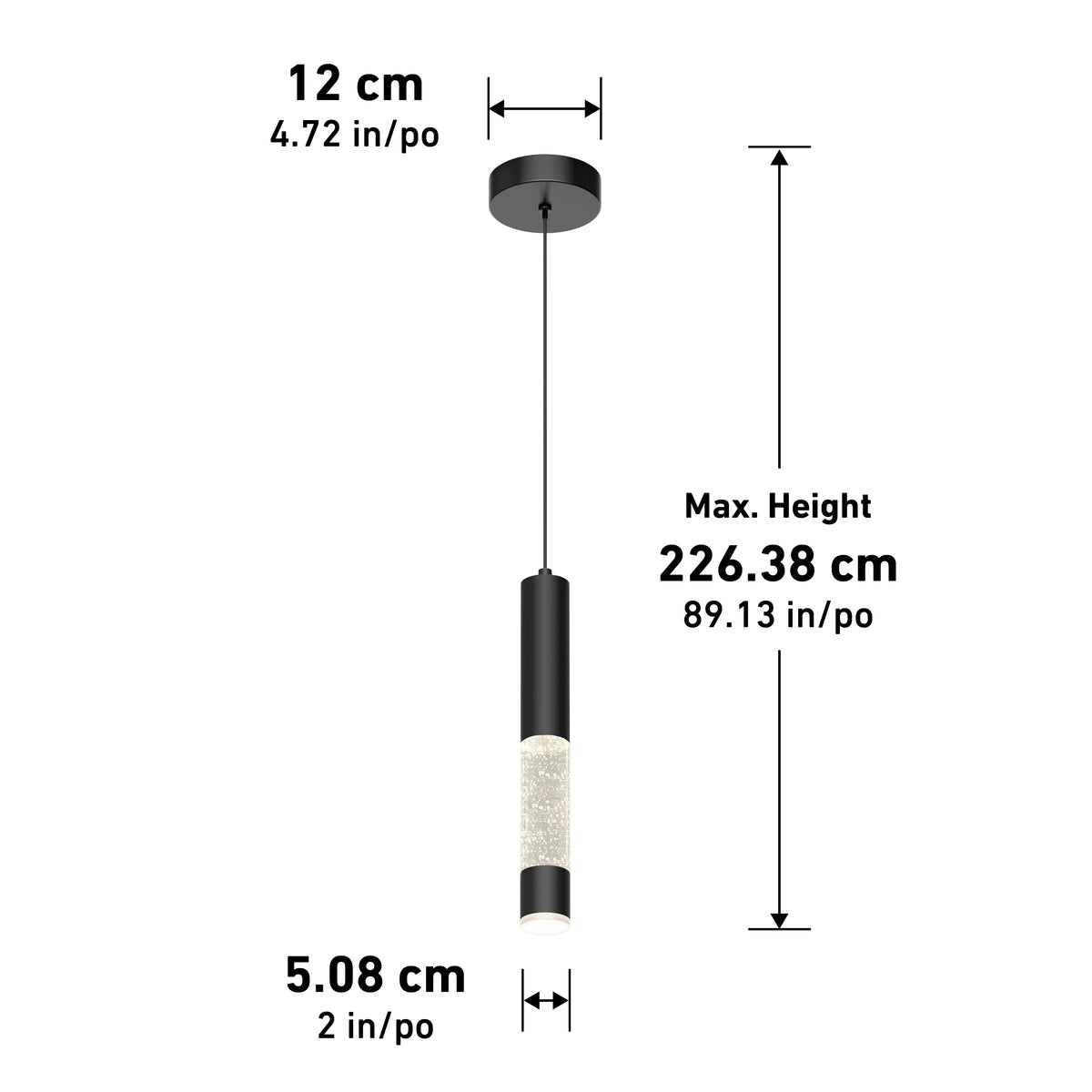 The Artika Mist LED pendant light features a black cylindrical design with a 12 cm (4.72 in) ceiling mount diameter, 5.08 cm (2 in) light diameter, and a maximum height of 226.38 cm (89.13 in).