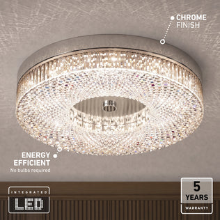 Artika FM Lysara 15 in. LED Fashion Flush Mount Ceiling Light 5 CCT, a round crystal fixture with a chrome finish and warranty icons.