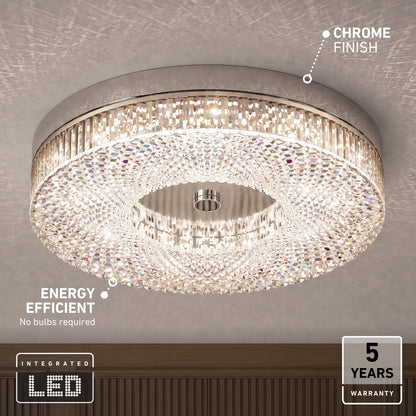Artika FM Lysara 15 in. LED Fashion Flush Mount Ceiling Light 5 CCT, a round crystal fixture with a chrome finish and warranty icons.