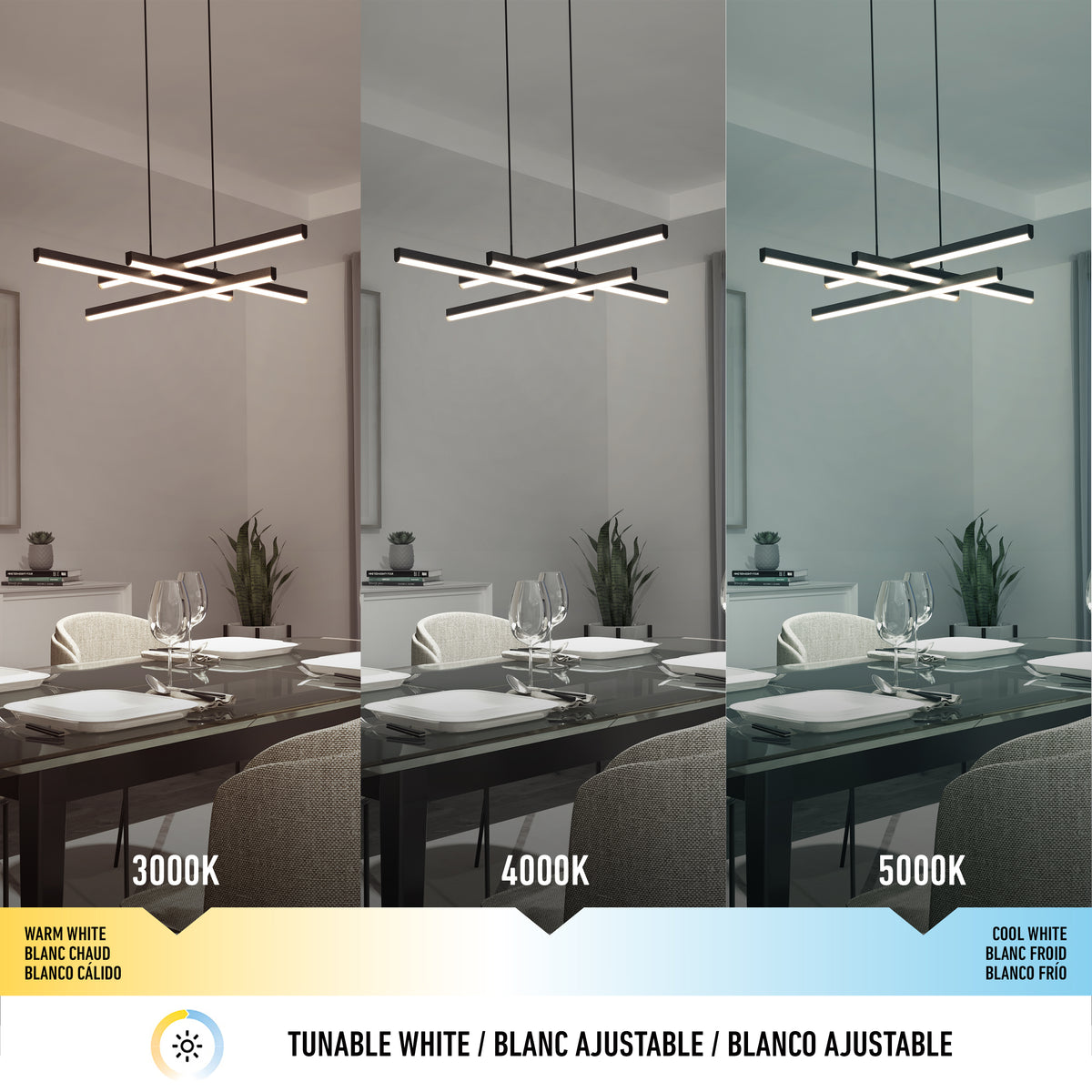 A modern dining room with a geometric light fixture shown in three lighting temperatures: warm white (3000K), neutral white (4000K), and cool white (5000K), illustrating the effect of tunable white lighting.