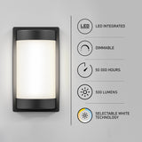 A modern rectangular wall light fixture is shown next to icons and text highlighting features: LED integrated, dimmable, 50,000 hours lifespan, 500 lumens, and selectable white technology.