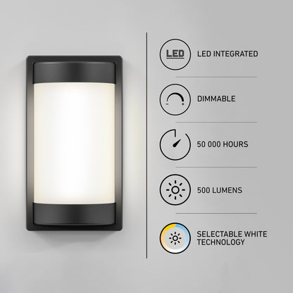 The Artika Fogo modern LED indoor-outdoor wall light 5 CCT is shown beside icons and text highlighting its features: integrated LED, dimmable, 50,000-hour lifespan, 500 lumens, and selectable white technology.