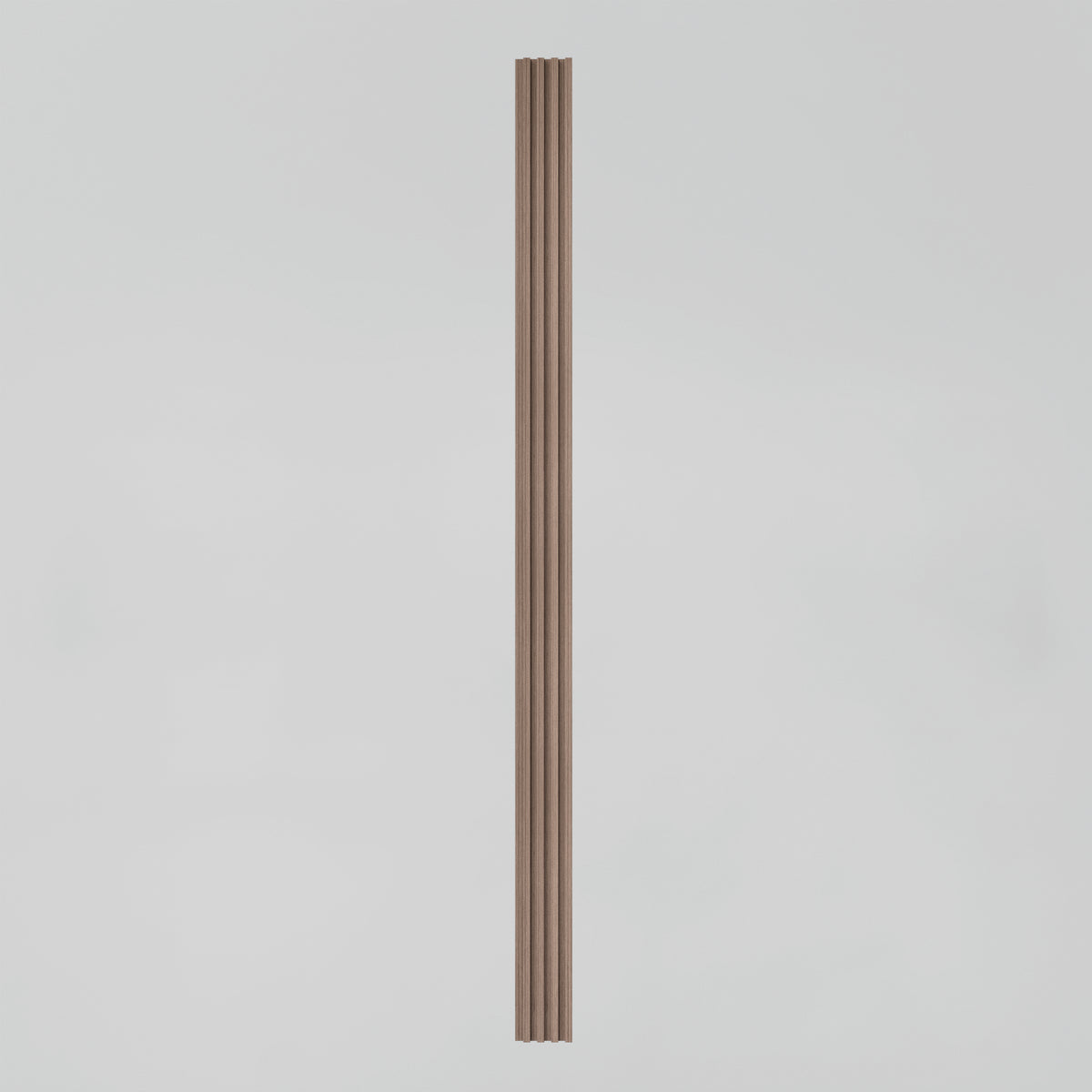A single vertical wooden slat with evenly spaced grooves stands centered against a plain, light gray background.