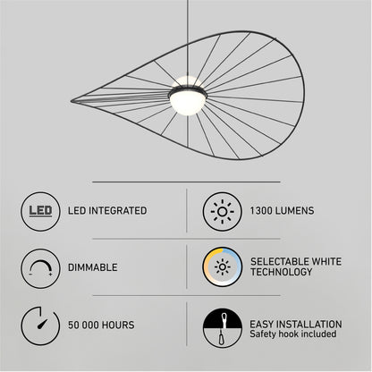The Artika Tolena LED pendant light features a wireframe design, integrated LED with 1300 lumens, 3 CCT selectable white technology, dimmable function, 50,000-hour lifespan, and easy installation with safety hook.