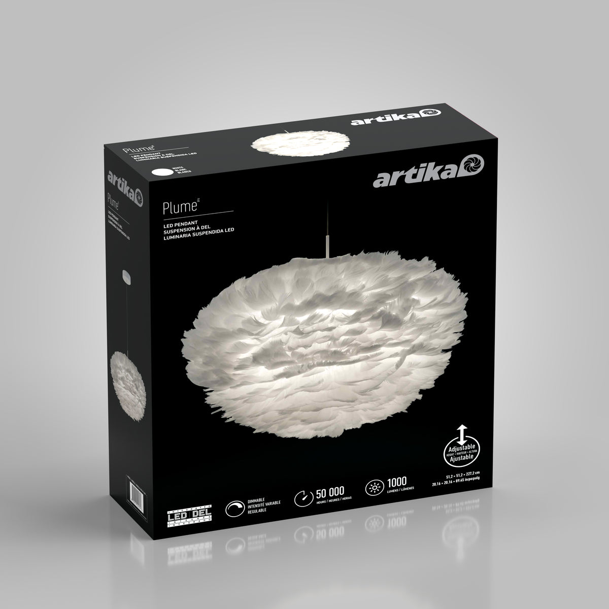A black box with artika branding displays an image of a white, feather-like LED pendant light called Plume. The box highlights features like adjustable height, 50,000 hours lifespan, and 1000 lumens.