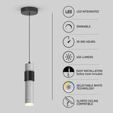 A modern cylindrical pendant light hangs from the ceiling. Next to it are icons and features: LED integrated, dimmable, 50,000 hours, 600 lumens, easy installation, selectable white technology, and sloped ceiling compatible.